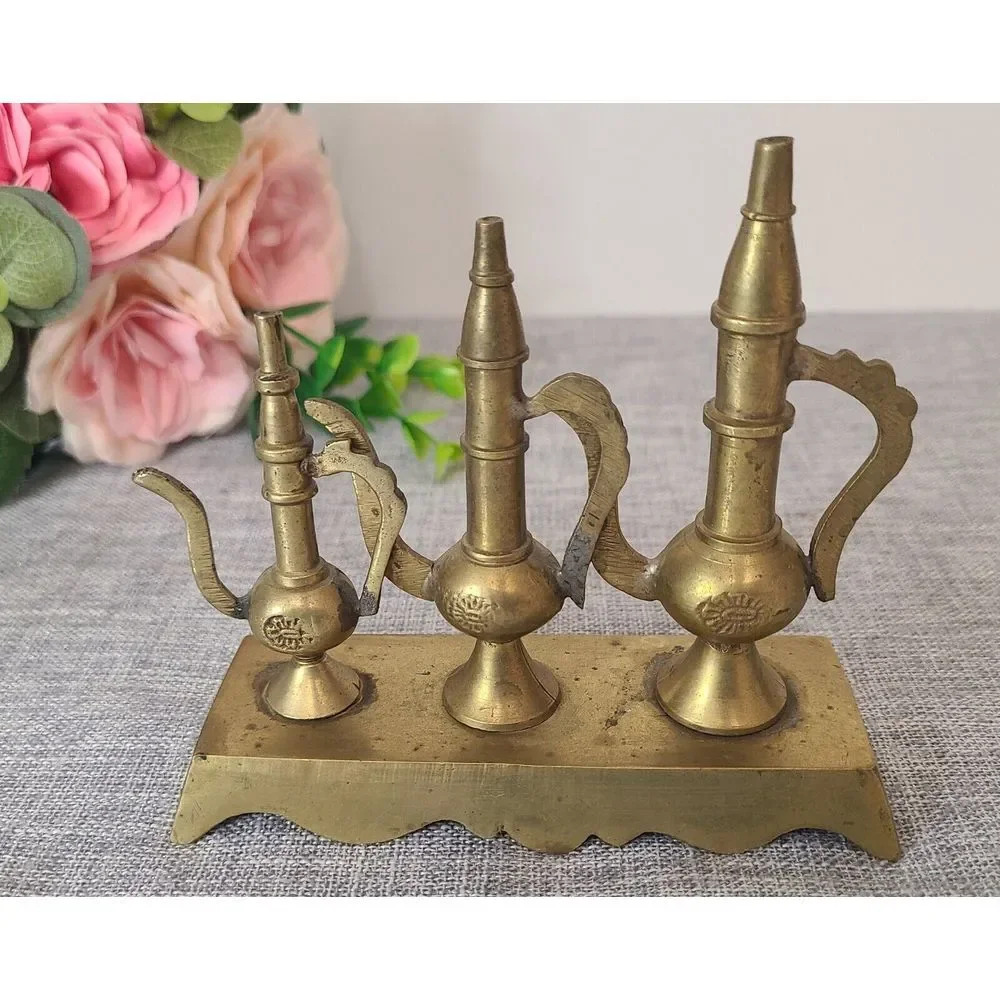 Vintage Miniature Brass Pitchers/Genie Lanterns Sculpture, 5" x 5" x 2"